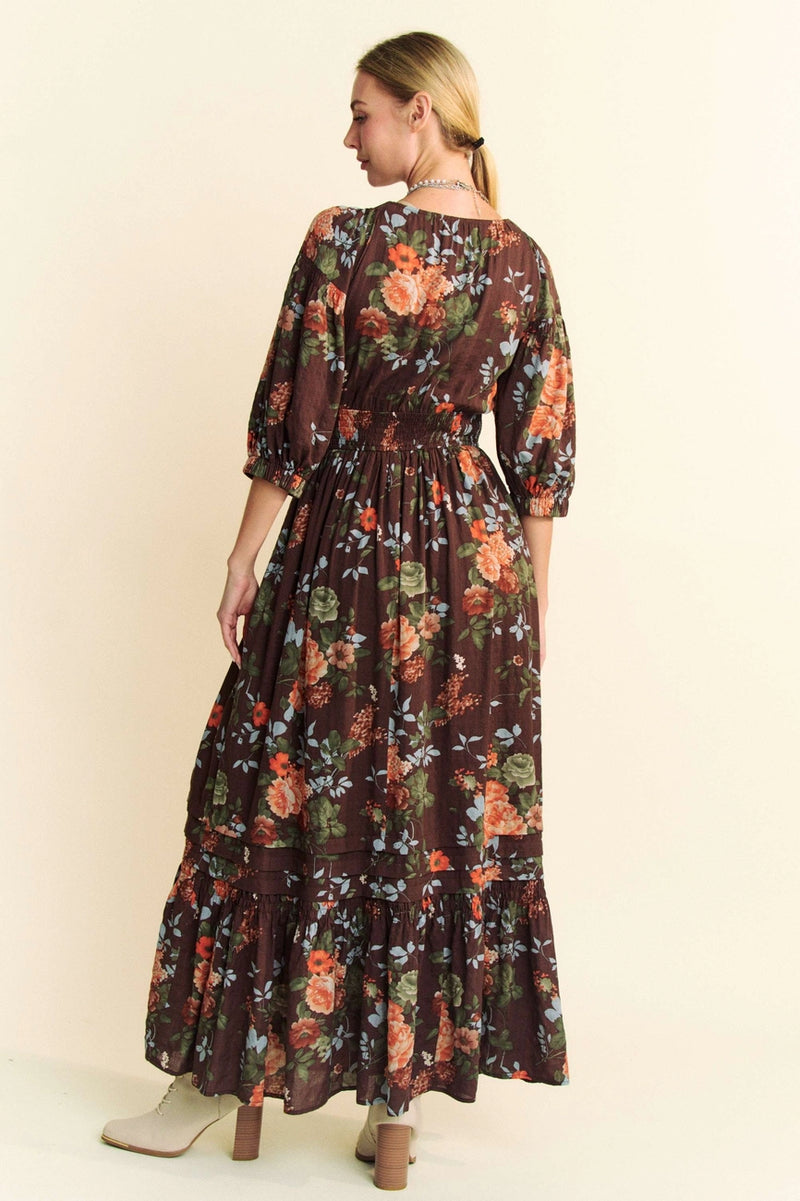 Brown Floral Smocked Maxi Dress