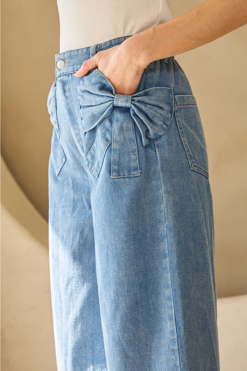 Wide Leg Cropped Bow Pocket Jeans
