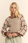 Mocha Brown Cable Knit and Granny Squares Pullover Sweater