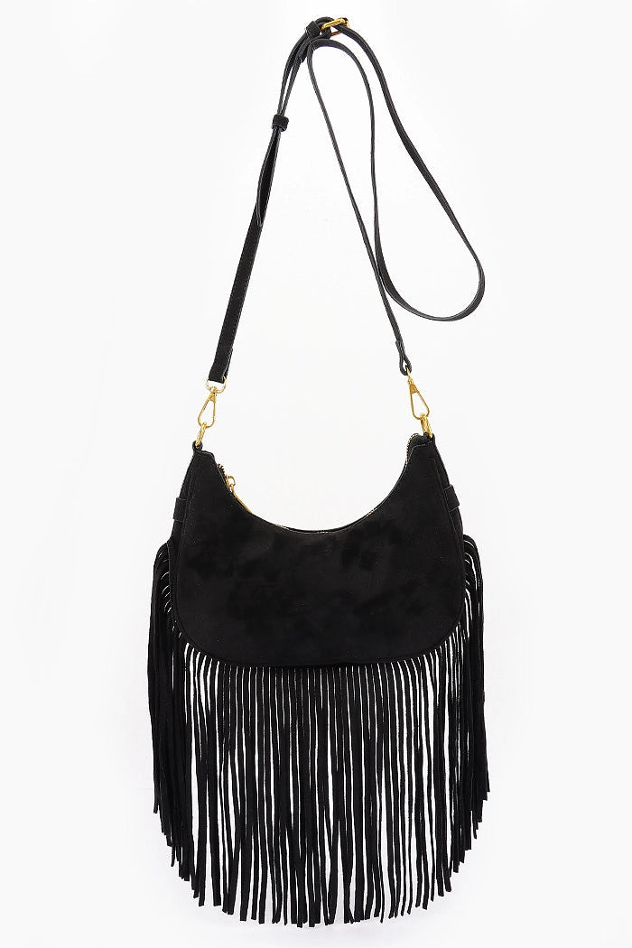 Black Fringe Trimmed Suede Crossbody Bag