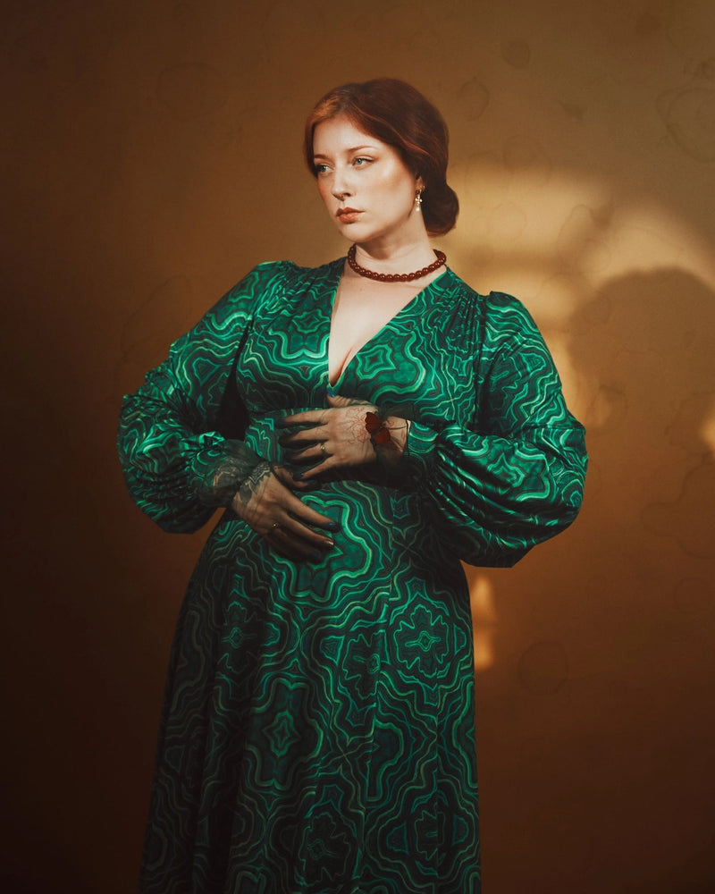 raquel green dress Malachite Kaleidoscope Maxi with Bishop Sleeves by Wax Po – Modern Millie res--material--bamboo-cotton-jersey-