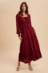Gathered Square Neck Maxi Dress in Cherry
