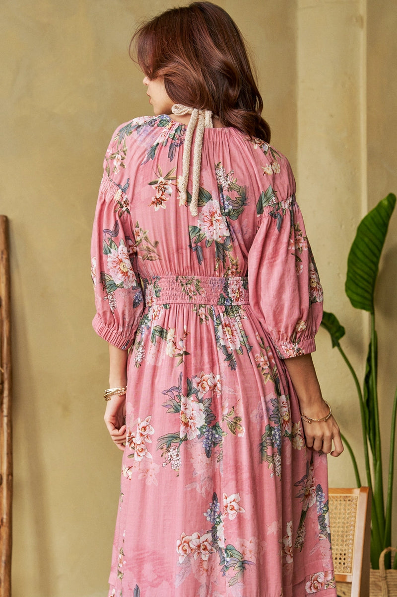 Pink Garden Floral Smocked Maxi Dress