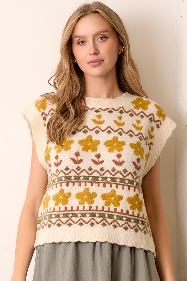 Ivory and Mustard Floral Sweater Vest