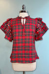 Red Plaid Pearl and Rhinestone Ruffled Sleeve Top