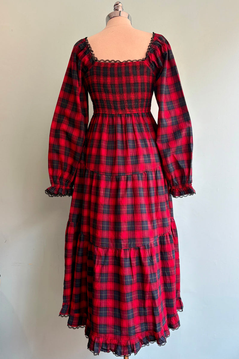Red Plaid Lace Detail Smocked Maxi Dress Small Red Plaid Lace Detail Smocked Maxi Dress Small