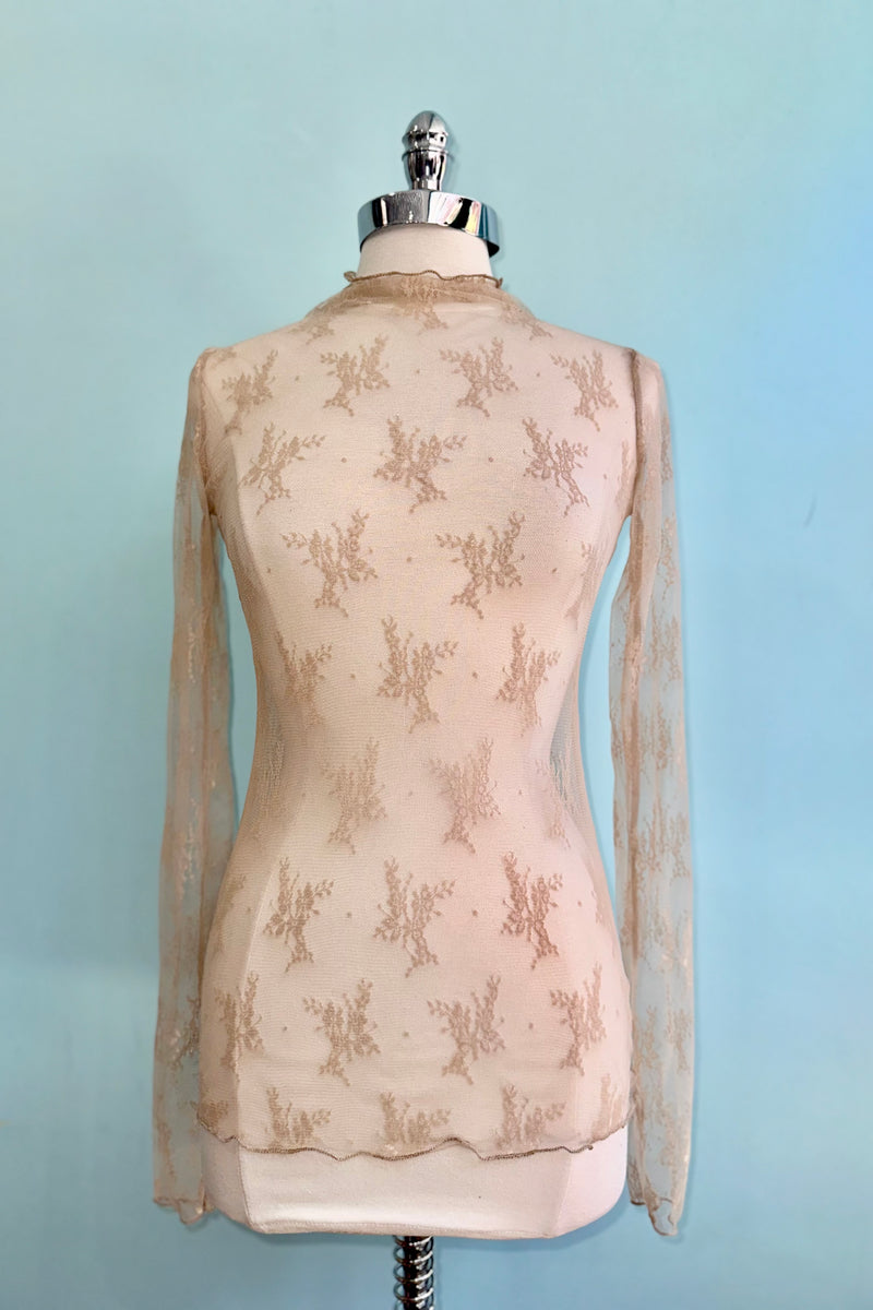 Beige Mesh Long Sleeve Mock Neck Sheer Top