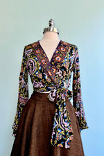Wrap Top in Black and Lavender with Bell Sleeves by Angie
