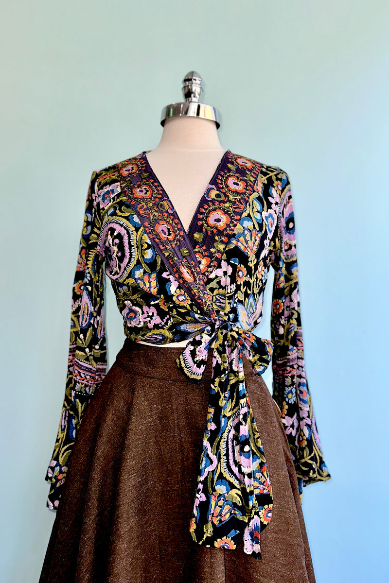 Wrap Top in Black and Lavender with Bell Sleeves by Angie