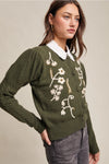 Puff Sleeve Embroidered Floral Cardigan in Dark Olive