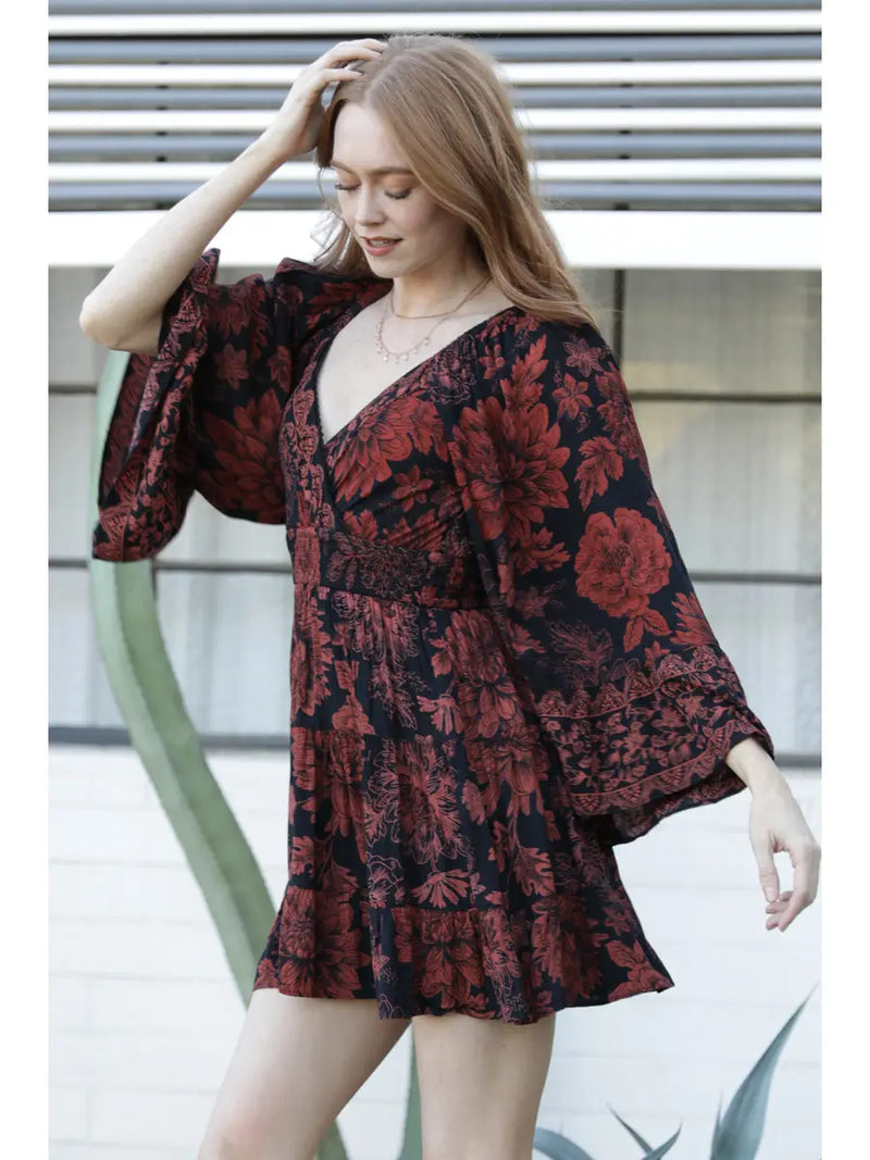 Burgundy and Black Floral Bell Sleeve Mini Dress by Angie – Modern Millie