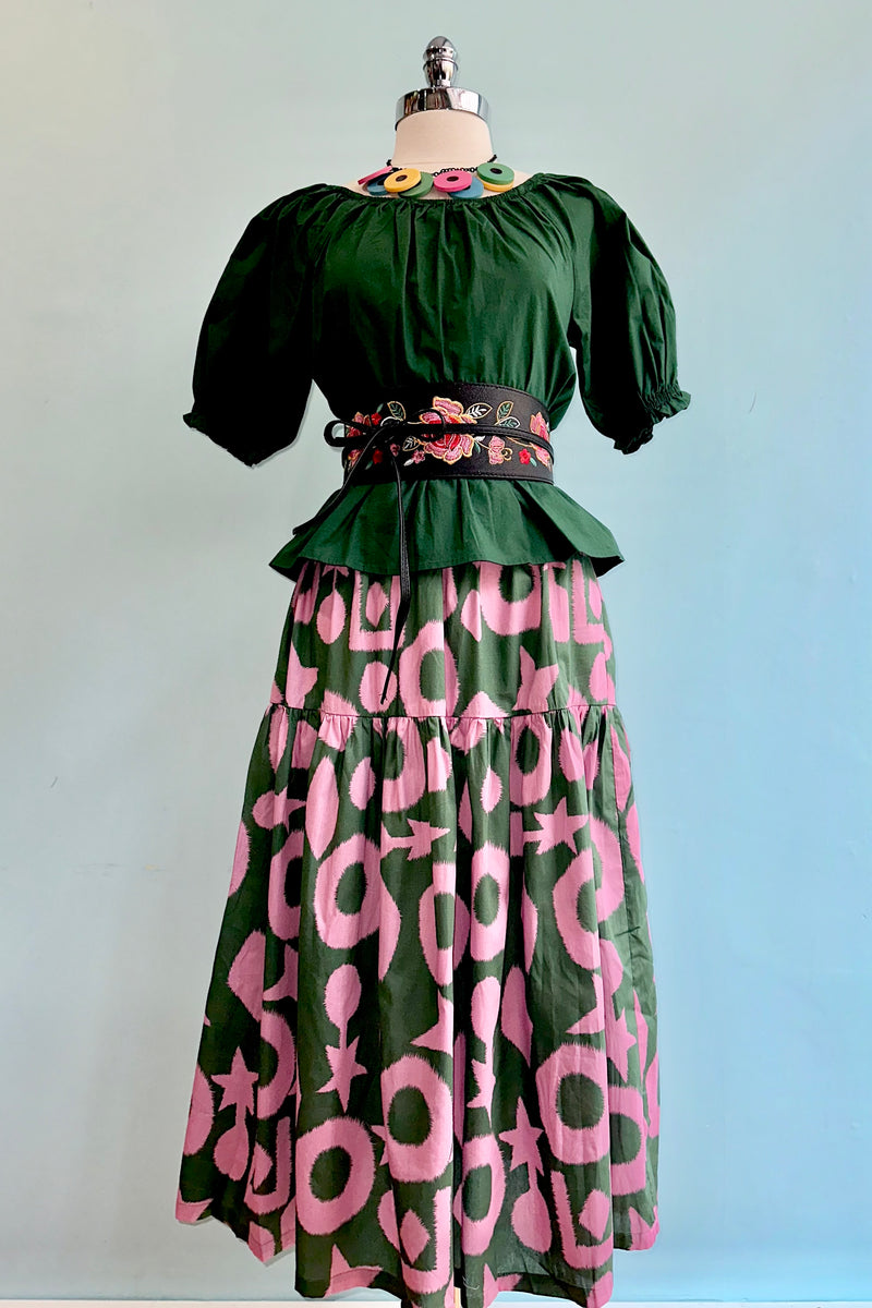 Green and Pink Elastic Waist Midi Skirt