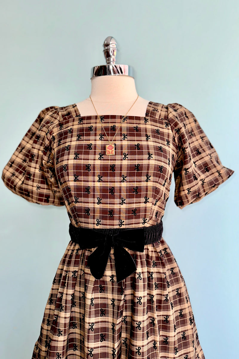 brown plaid dress Brown Plaid and Bows Jules Midi Dress Large