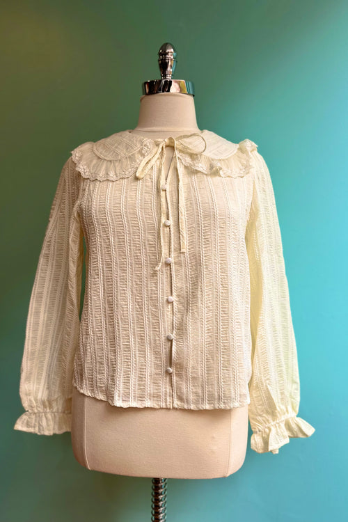 Ecru Lace Trim Button Down Blouse