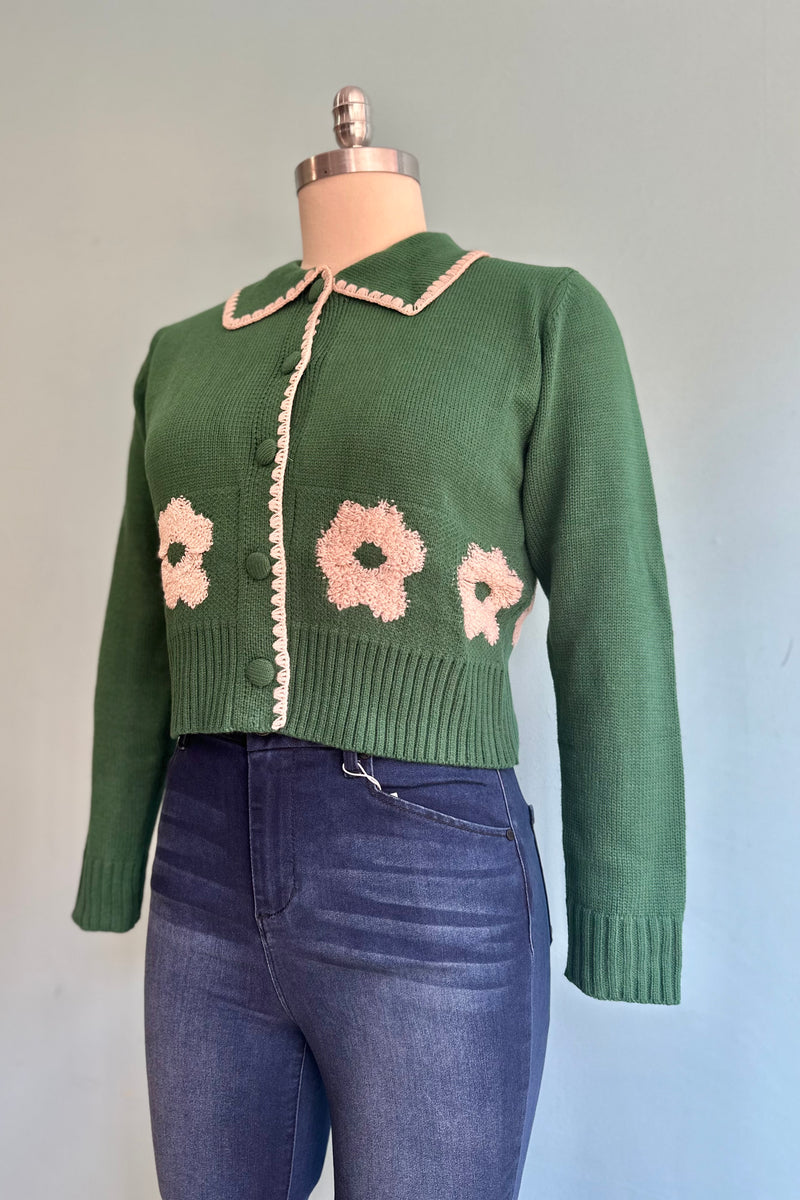 Green Contrast Knit Collared Cardigan