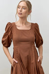Brown Cotton Bubble Sleeve Midi Dress
