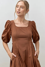 Brown Cotton Bubble Sleeve Midi Dress