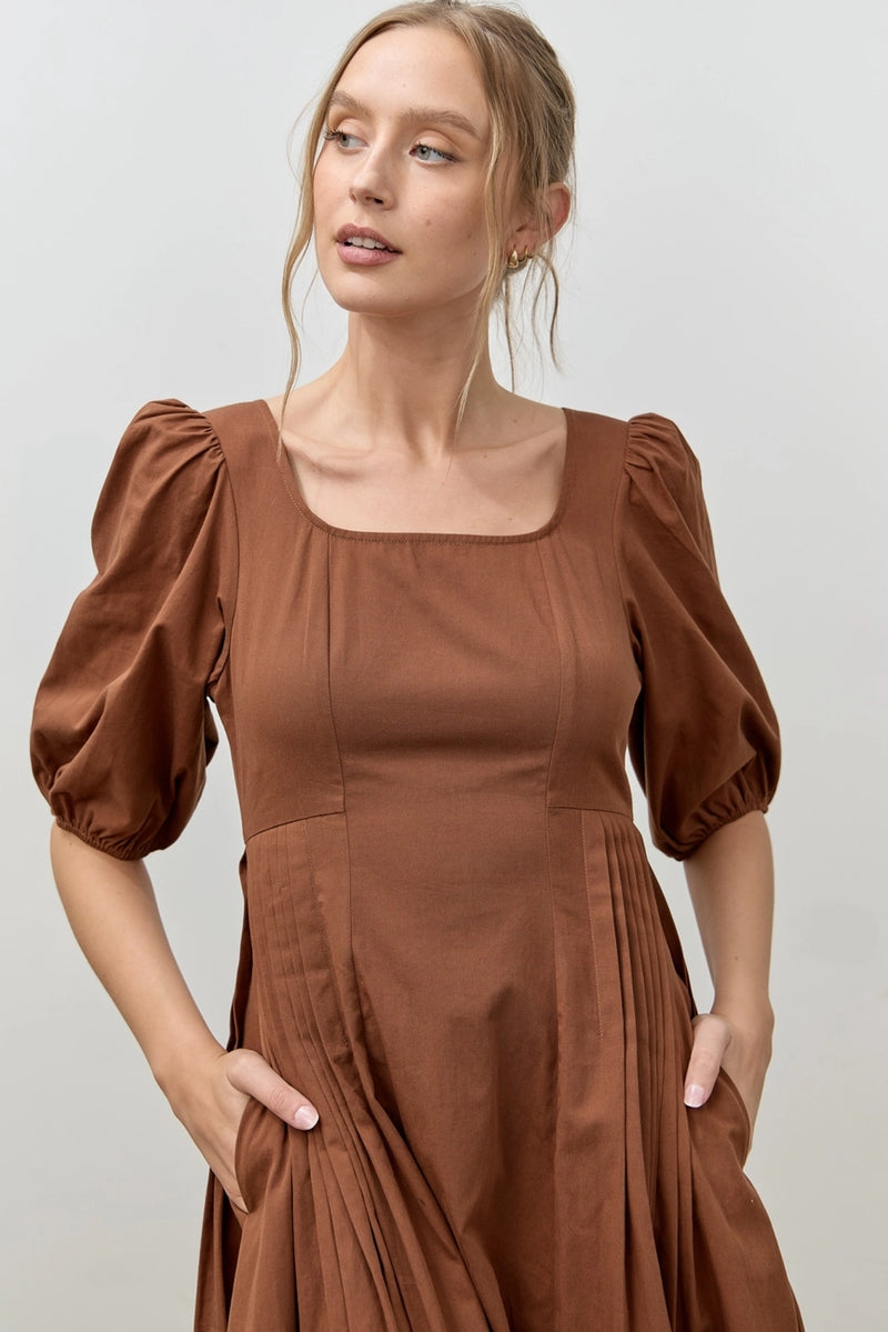 Brown Cotton Bubble Sleeve Midi Dress
