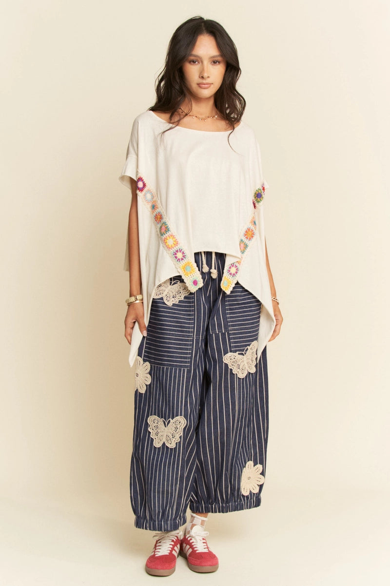 Butterfly Striped Barrel Pants in Navy
