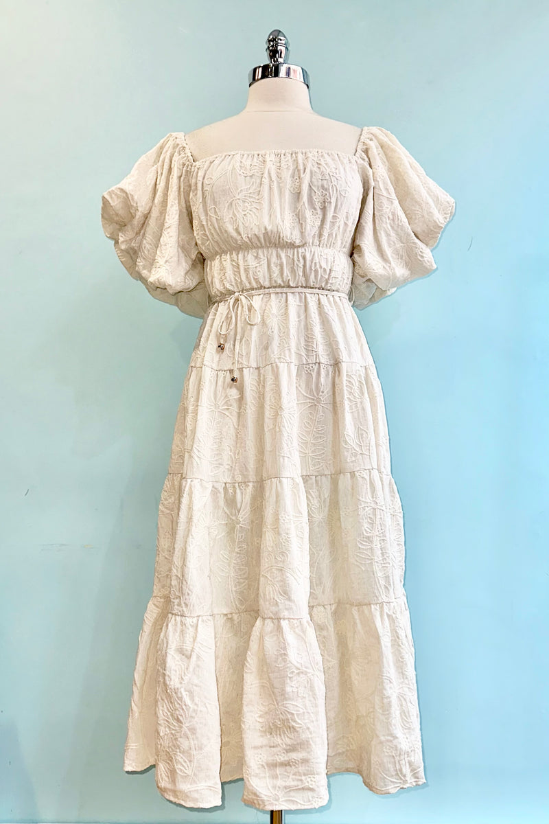 puff sleeve midi dresses Cream Embroidered Puff Sleeve Midi Dress – Modern Millie