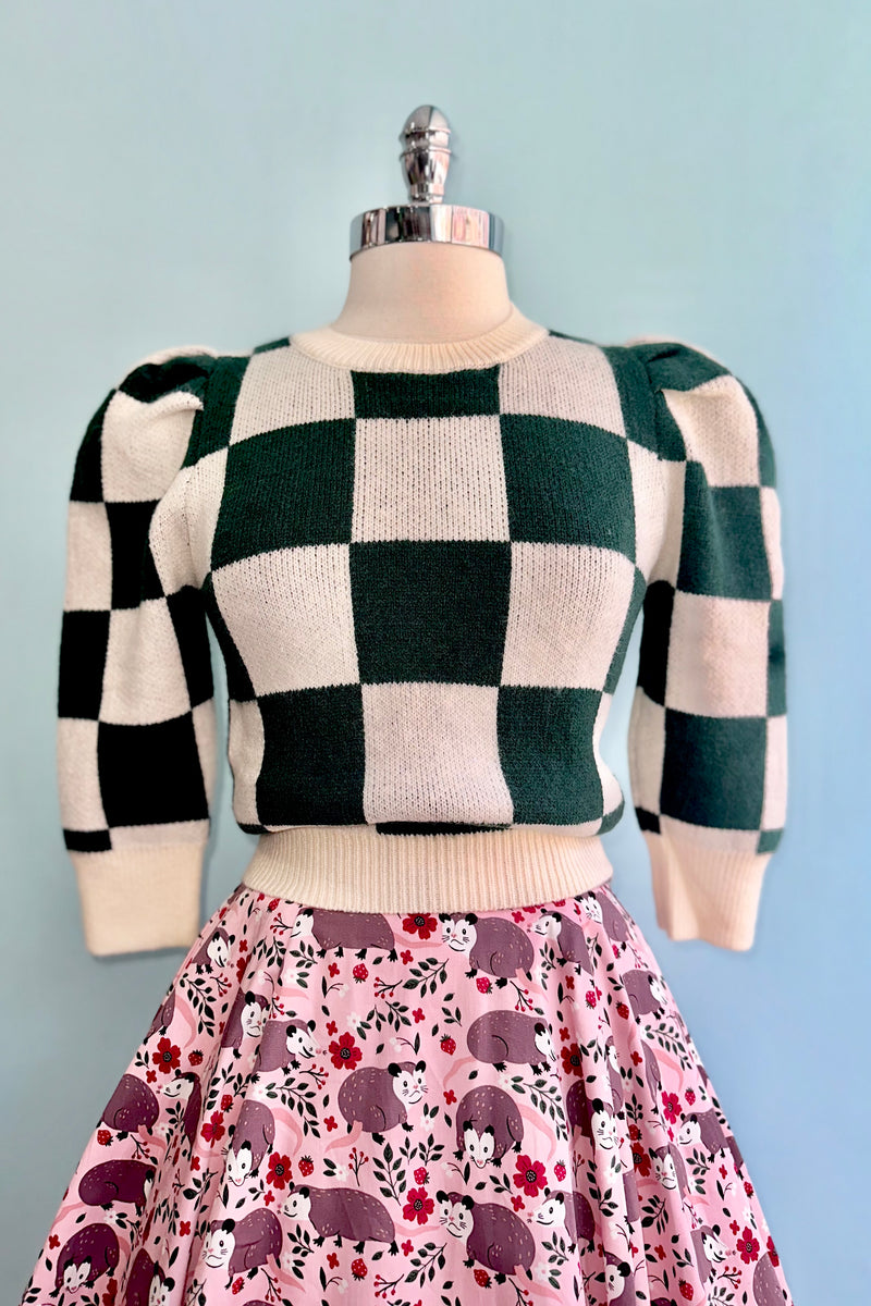 Green and Cream Checker Puff Sleeve Sweater