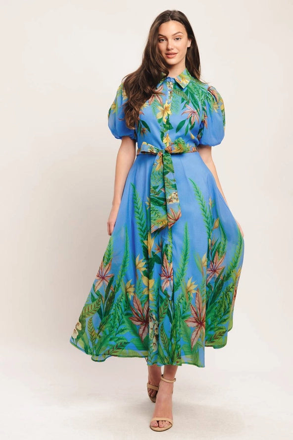 Blue Floral Tropical Bubble Sleeve Midi Dress Medium