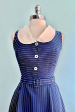 Knee Length Navy Pinstripe Costello Dress by Hell Bunny