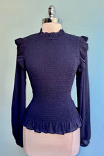 Navy Ruffled and Smocked Blouse by Molly Bracken