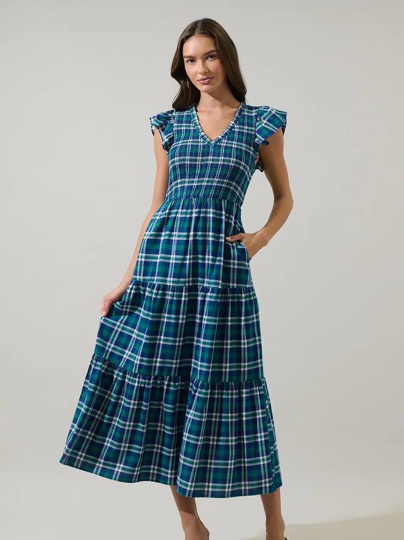 Blue Plaid Ruffle Sleeve Smocked Midi Dress Modern Millie Blue Plaid Ruffle Sleeve Smocked Midi Dress Modern Millie