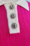 Hot Pink Short Sleeve Pointelle Sweater with Rhinestone Buttons
