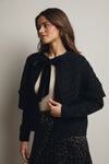 Cable Knit Capelet Cardigan with Velvet Bow in Black