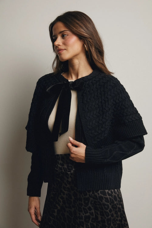 Cable Knit Capelet Cardigan with Velvet Bow in Black