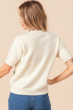 Ivory Short Sleeve Sweater with Embroidered Flowers