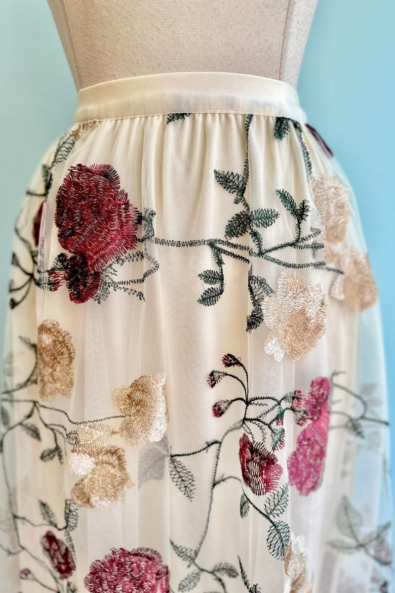 Mesh and Floral Embroidered Tulle Skirt in Ivory