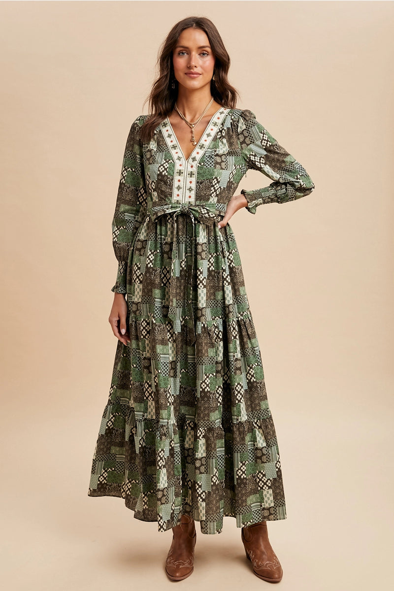 Patchwork Long Sleeve Maxi Dress