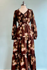Brown Floral Long Sleeve Midi Dress