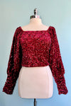 Burgundy Sequin Square Neck Puff Sleeve Top