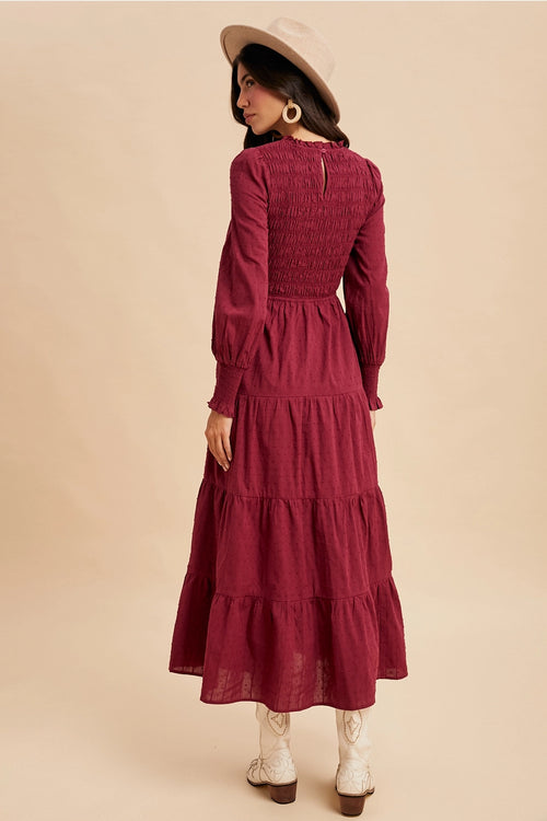 Burgundy Smocked Swiss Dot Maxi Dress