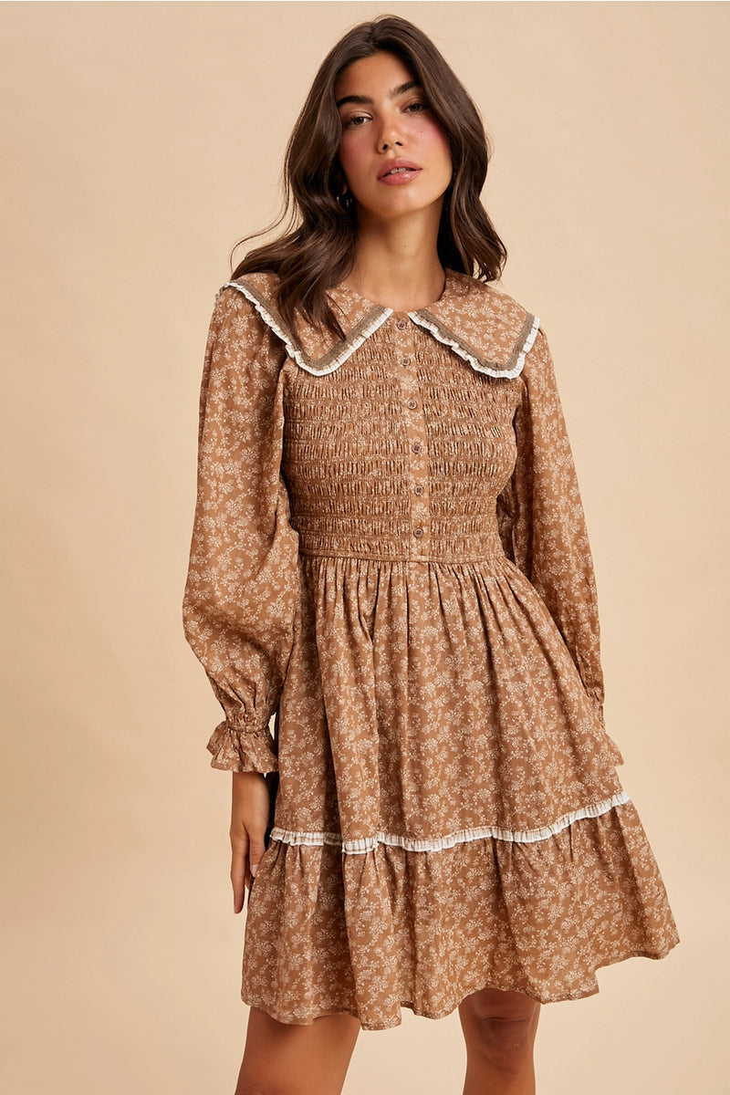 Smocked Doll Collar Mini Dress in Sepia