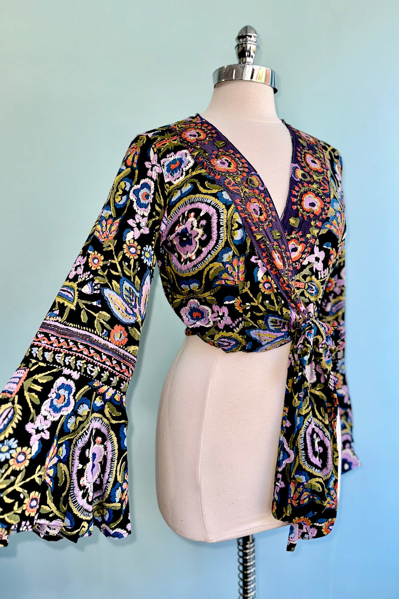 Wrap Top in Black and Lavender with Bell Sleeves by Angie