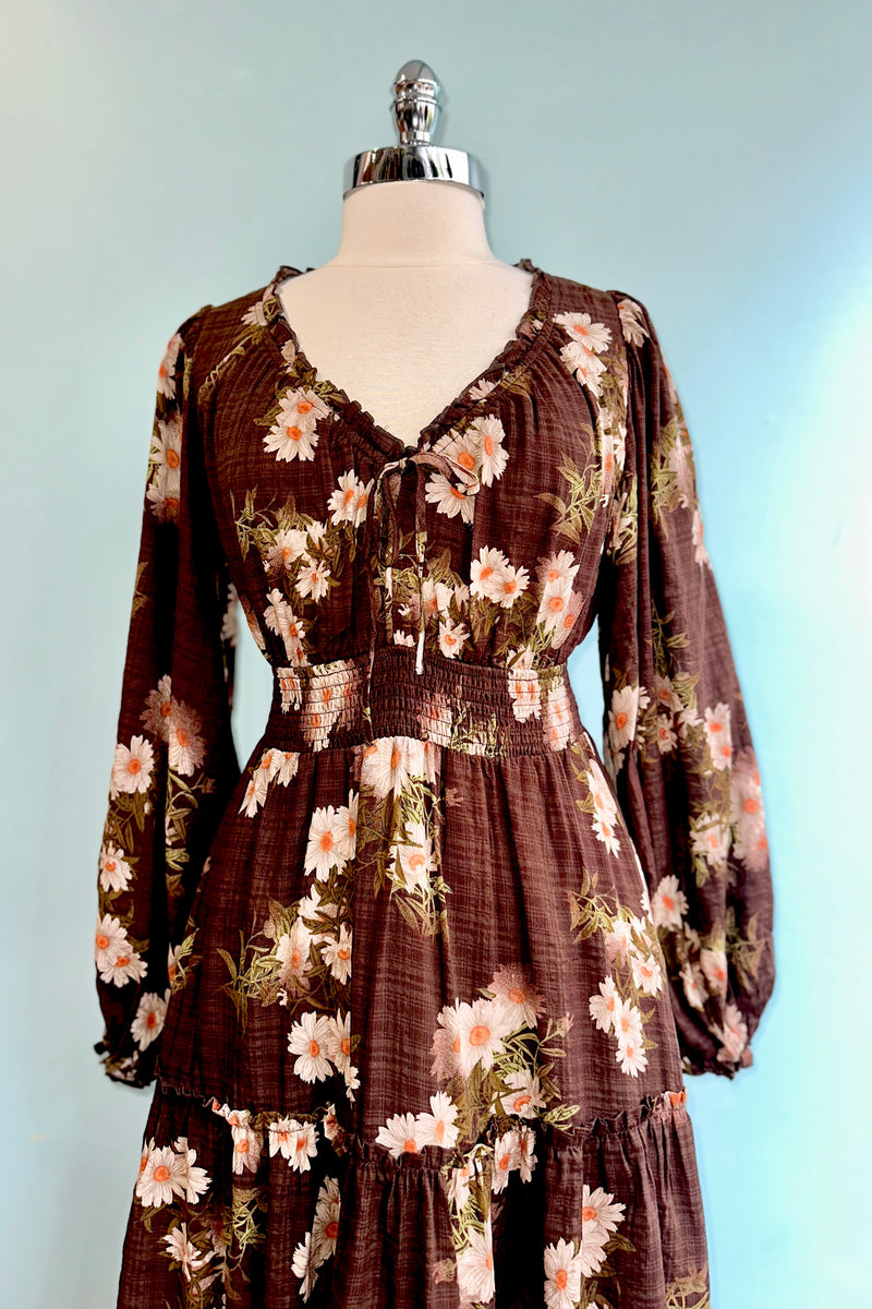 Brown Floral Long Sleeve Midi Dress