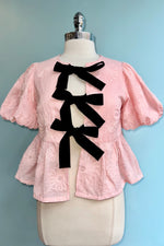 Bow Tie Floral Puff Sleeve Top in Pink