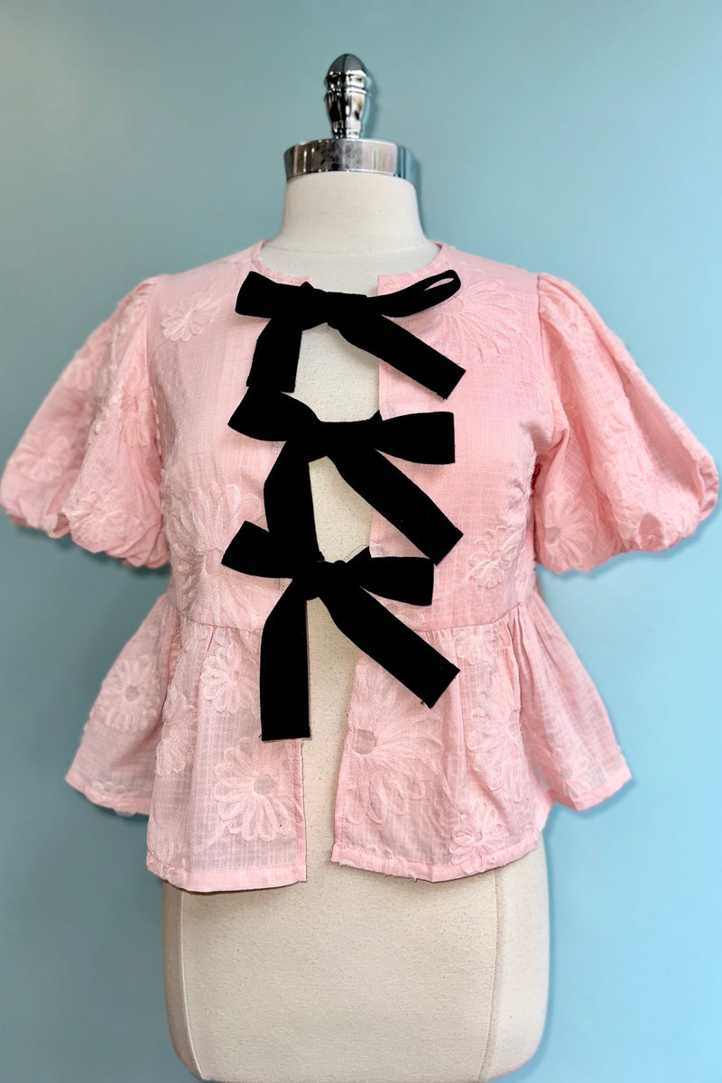 Bow Tie Floral Puff Sleeve Top in Pink