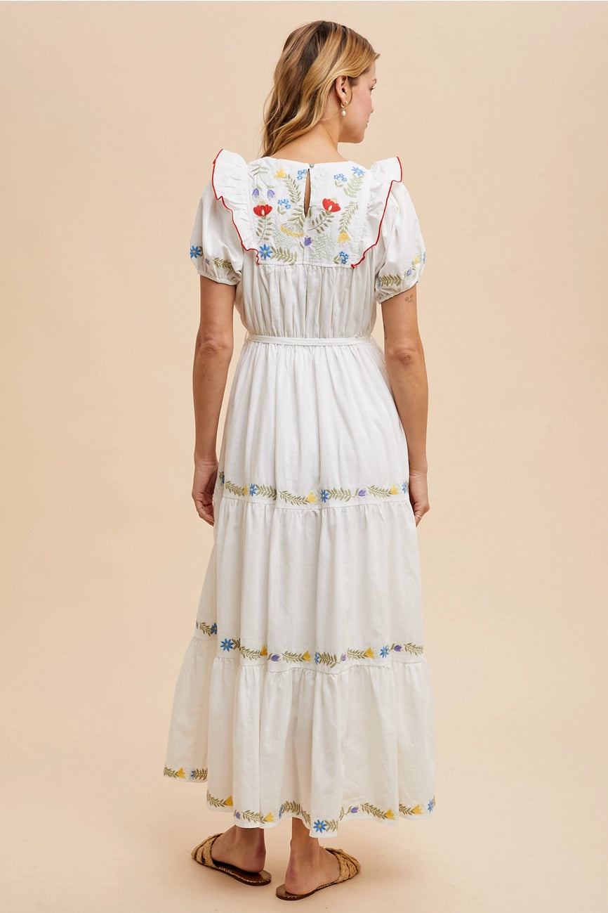 Embroidered Cotton Maxi Dress in White Small