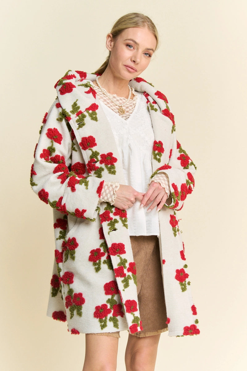 Ivory Hoodie Jacket with Red Flowers