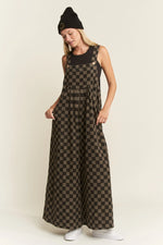 Black & Charcoal Checkerboard Denim Wide Leg Jumpsuit