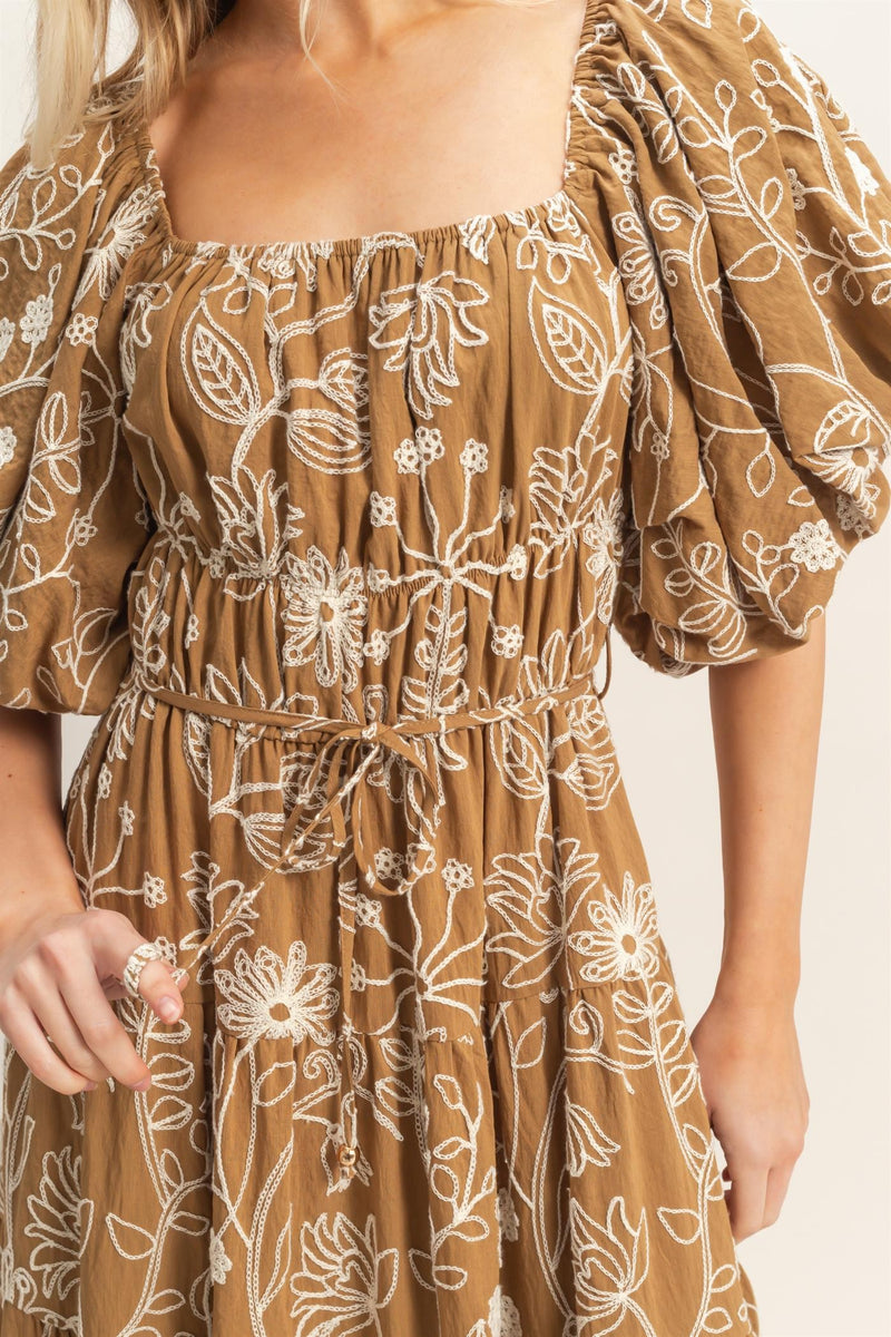 Light Brown Embroidered Puff Sleeve Midi Dress Small Light Brown Embroidered Puff Sleeve Midi Dress Small