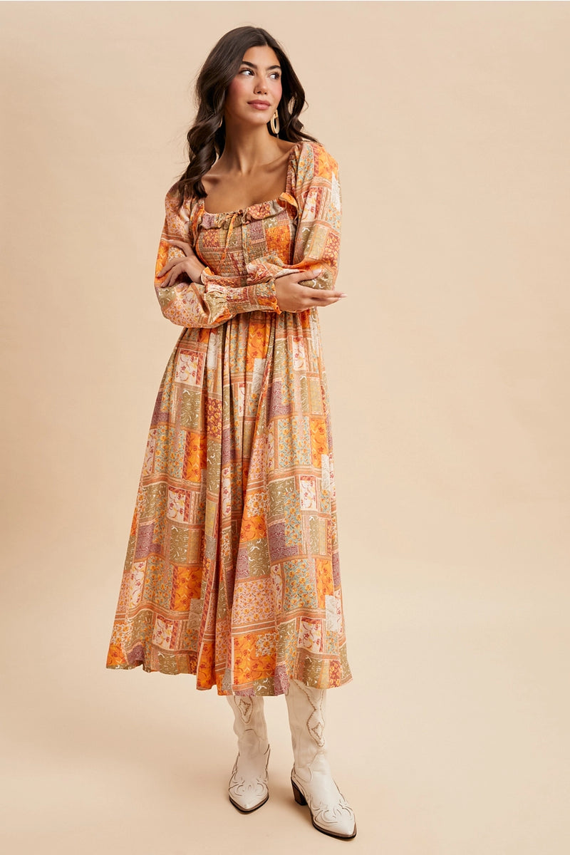 Smocked Ruffled Patchwork Maxi Dress