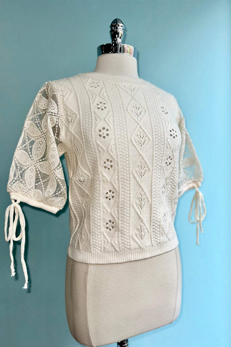 Ivory Eyelet and Embroidered Sweater