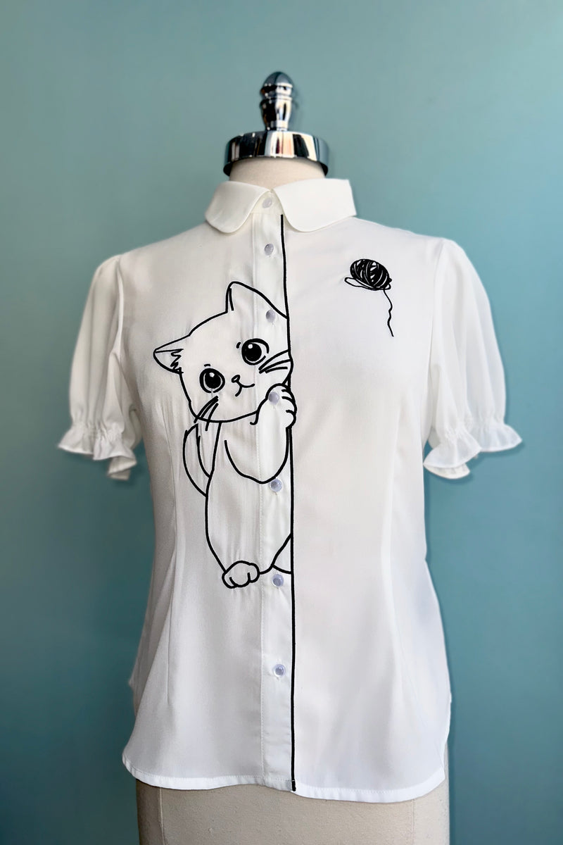 lily white cat shirt White Sophie Kitty Cat Blouse by Banned – Modern Millie
